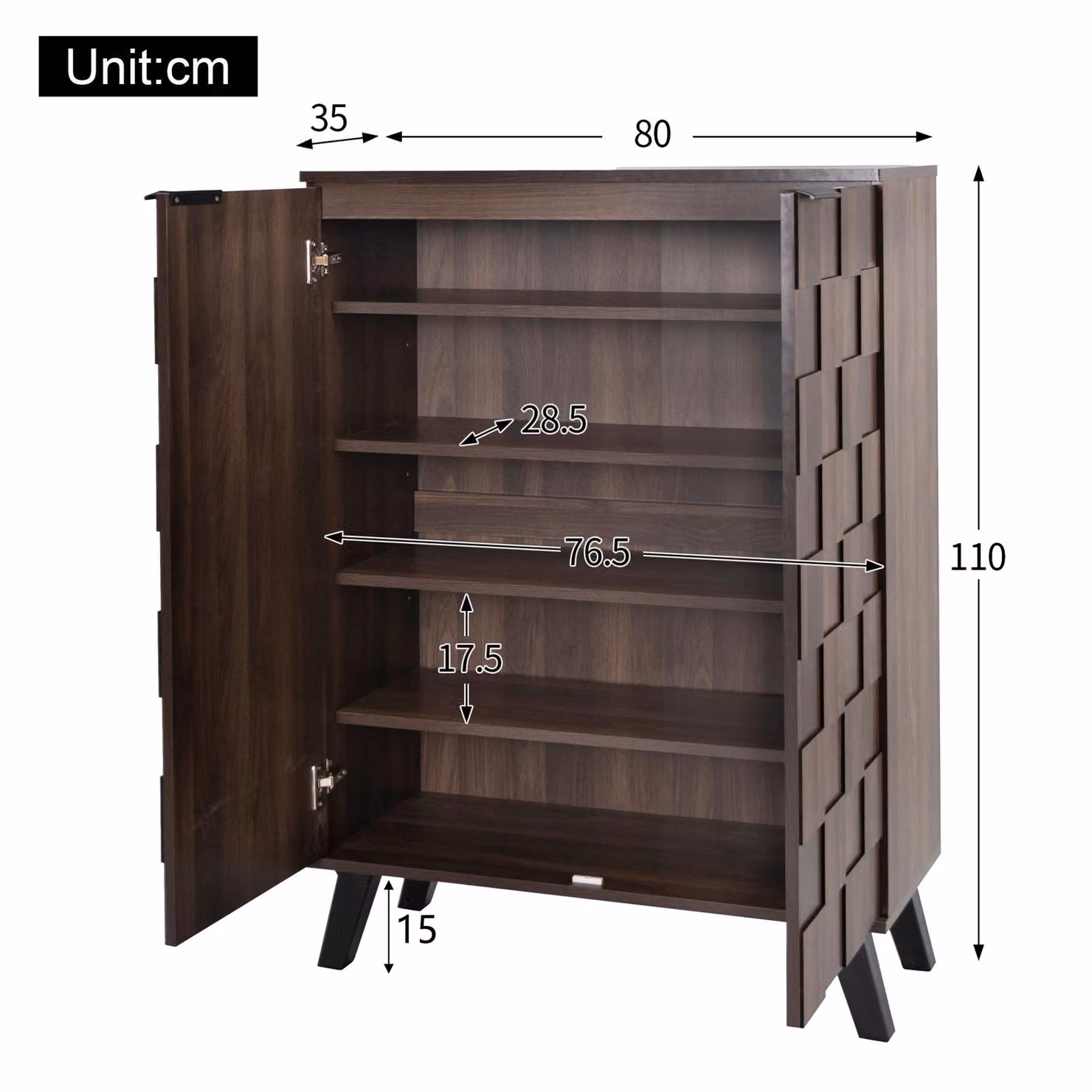 Aosom UK Modern Brown Wood Shoe Cabinet with Soft-Closing Hinged Doors and Adjustable Shelves, W: 80 cm, D: 35 cm, H: 110 cm – 3