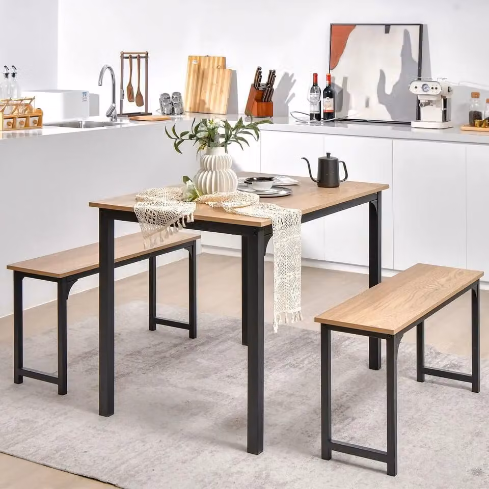 Costway 3 Piece Industrial Dining Table Set with 2 Benches in Natural Brown and Sand – 3