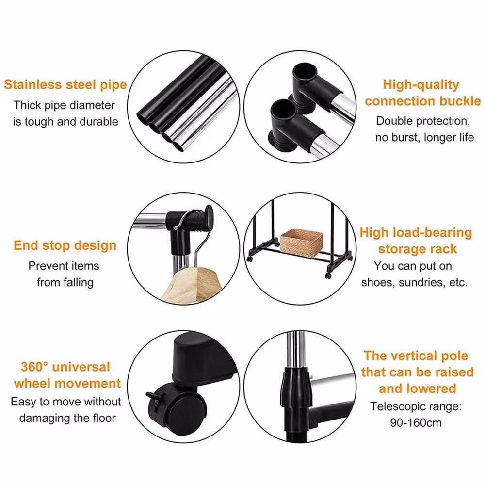 NESTLUNE Double Adjustable Mobile Garment Rack in Matt Black – 3