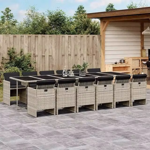 Berkfield Home 13 Piece Modern Garden Dining Set with Light Grey Poly Rattan and Glass Tabletop