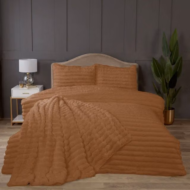 Rapport Home Chunky Ribbed Plush Duvet Cover and Pillowcase Set in Orange, W: 180 cm, L: 200 cm