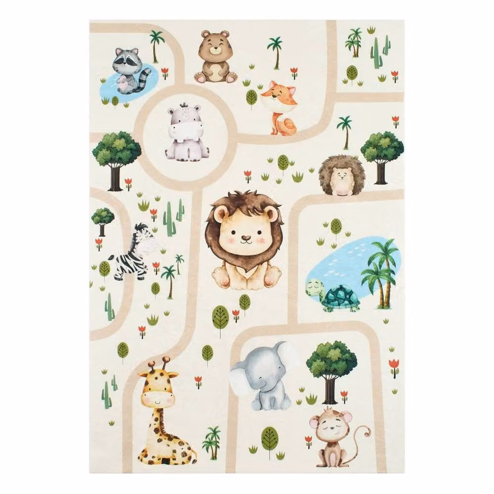 sweeek Children's Indoor Rug in White with Animal Print, W: 160 cm, D: 120 cm – 2