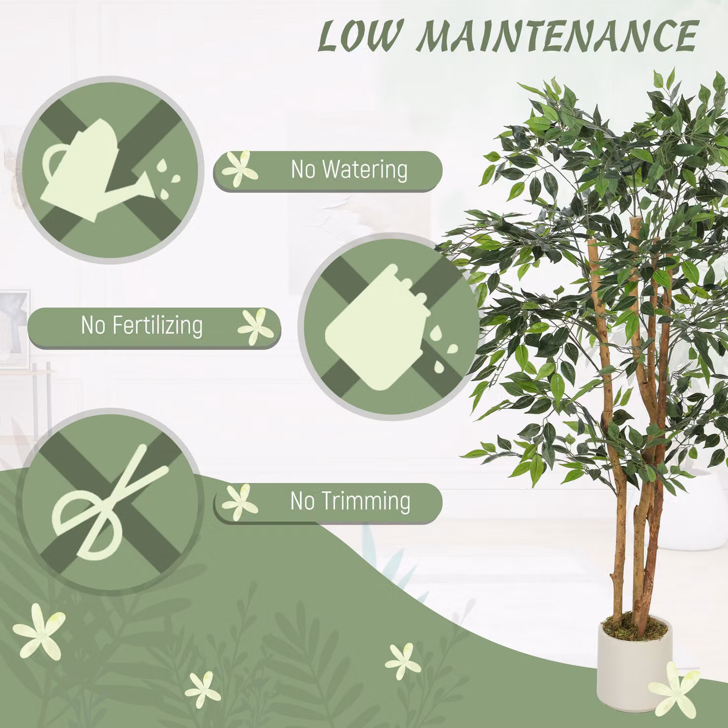 HOMCOM 150 cm Artificial Ficus Tree with Wood Trunk and Pot in Green and White – 4