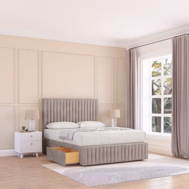 Sloomy Madison Divan Bed Base with 2 Drawers and Headboard, Beige Fabric, W/D/H: 140 x 200 cm
