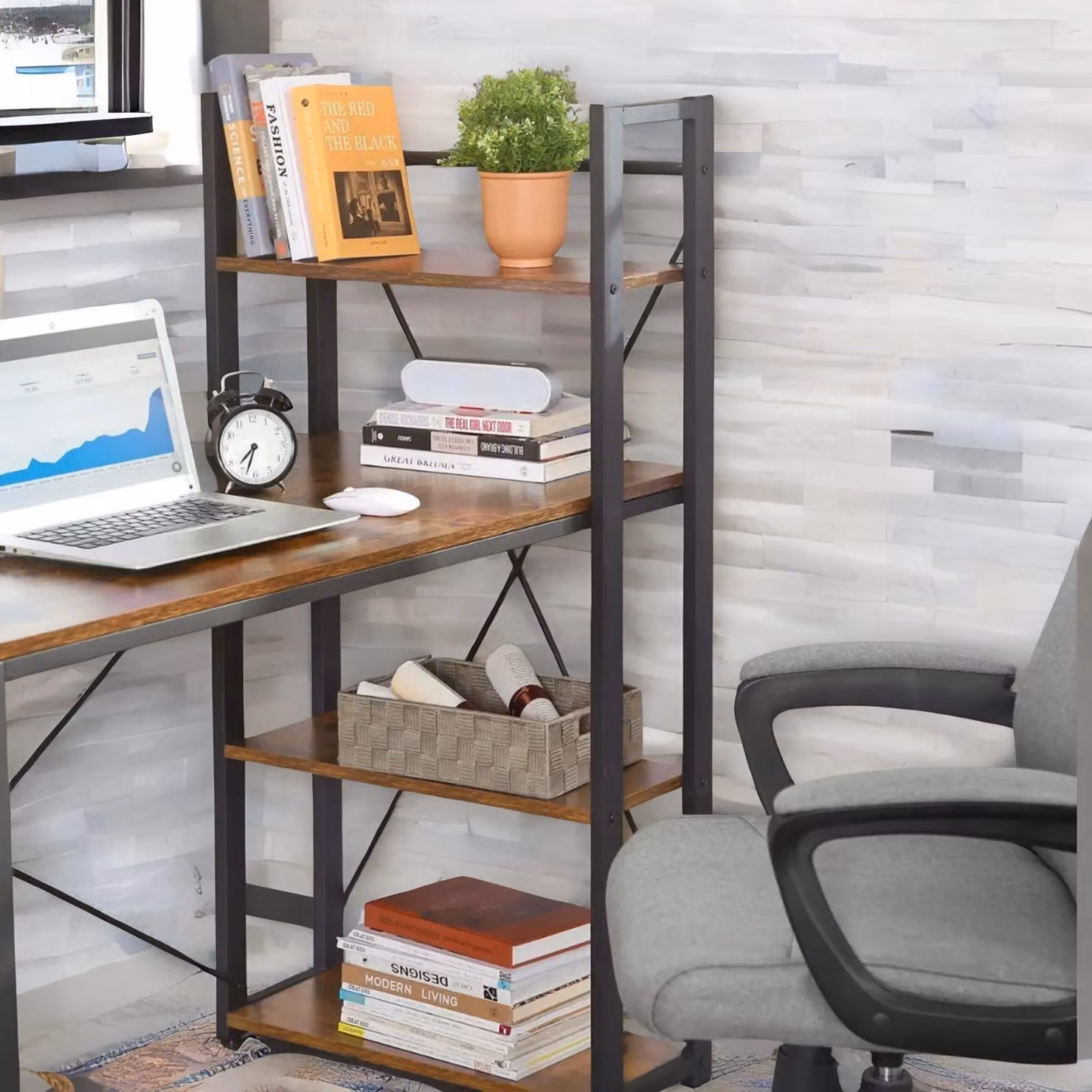 FURNOS Computer Desk with 3 Shelves in Rustic Brown – 2