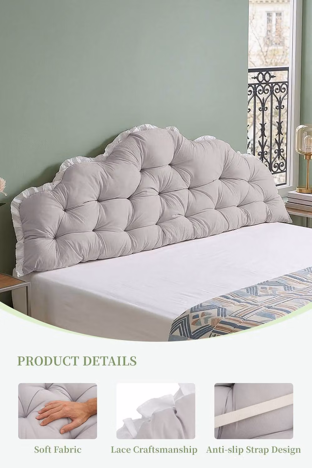 Living and Home Upholstered Rectangular Headboard Pillow with Ruffle Trim in Grey and White – 2