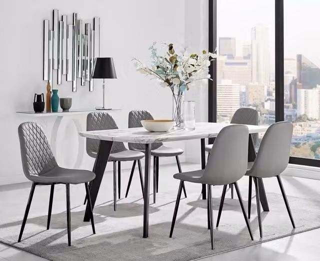 FurnitureboxUK Andria White Marble Effect 6 Seater Dining Table and 6 Grey Corona Faux Leather Chairs – 1