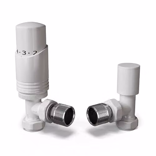 UK Radiators Talus Bold White Thermostatic Radiator Valve and Lockshield Angled Set with 10mm Reducers