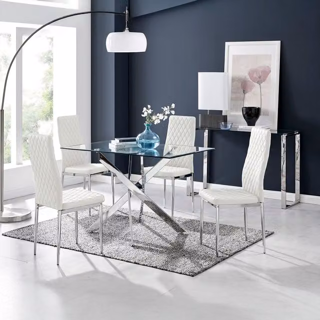 FurnitureboxUK Leonardo Modern Rectangular Glass and Metal Dining Table and 4 Chairs Set in White and Transparent