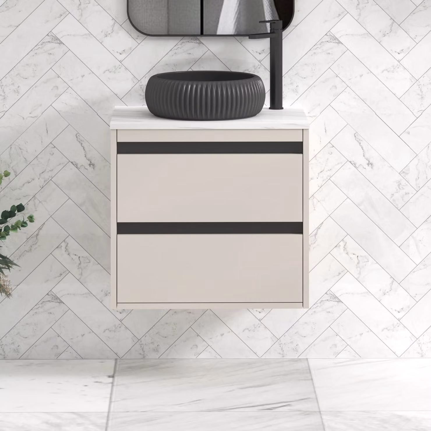 Royal Bathrooms Orion 800mm Warm Taupe Wall Hung Vanity Unit with 2 Drawers, Milan Black Basin and Black Accent Trim