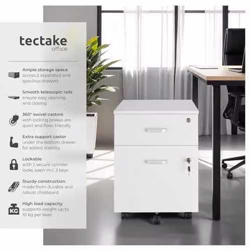 tectake Mobile Filing Cabinet with 2 Lockable Drawers and 360 Degree Castors, White – 2