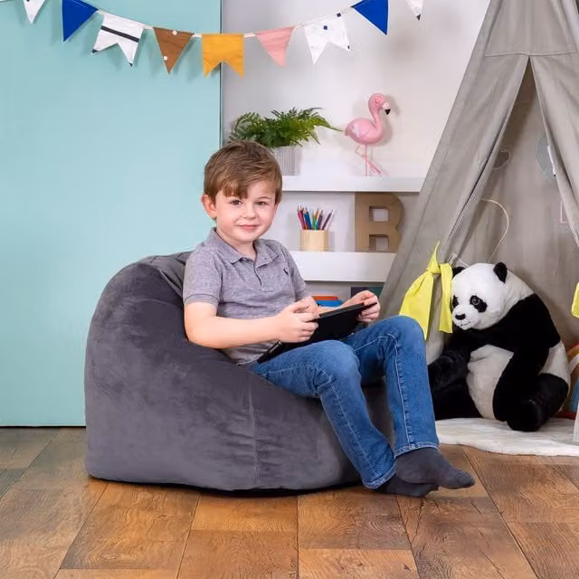 ICON Grey Velvet Water Repellent Kids Bean Bag Chair