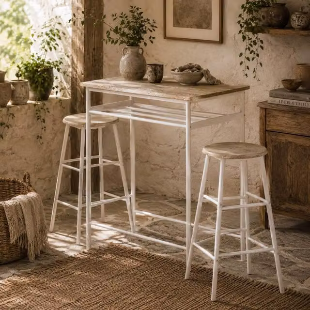Wyld Haus Fira Rodo White and Oak Breakfast Bar Table and 2 Stools with Storage – 1