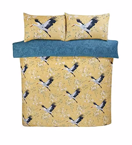 Rapport Home Crane Birds Reversible Microfibre Duvet Cover and Pillowcase Set in Orange and Yellow, 180 x 200 cm