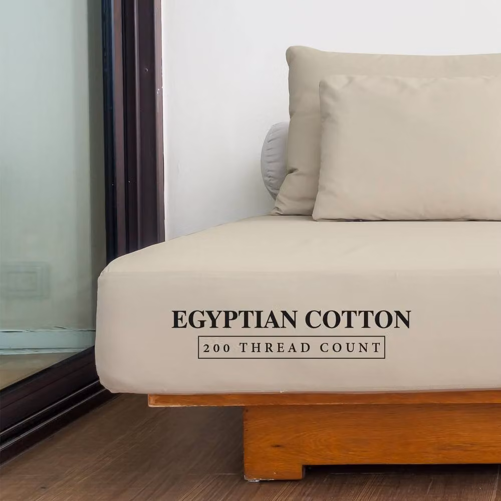 Homes-Linen 100% Egyptian Cotton 200TC Fitted Sheet, Beige, King Size, W/D/H: 180 x 200 x 30 cm – 2