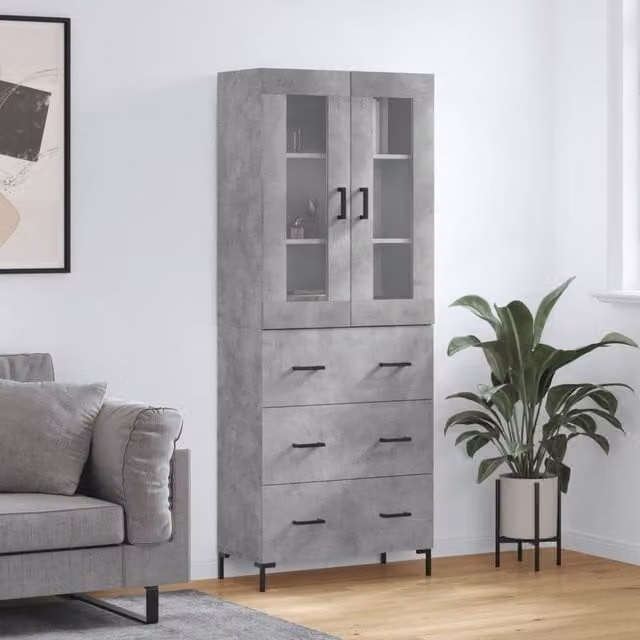 Berkfield Home Industrial Highboard in Concrete Grey with Glass Doors, W/D/H: 69.5 x 34 x 180 cm
