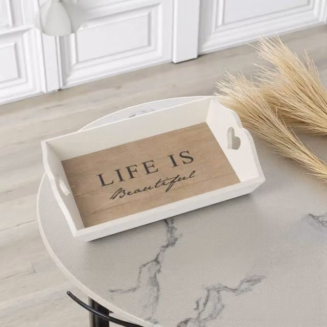 Garden Greatness Life Is Beautiful Decorative White Wooden Rectangular Tabletop Tray