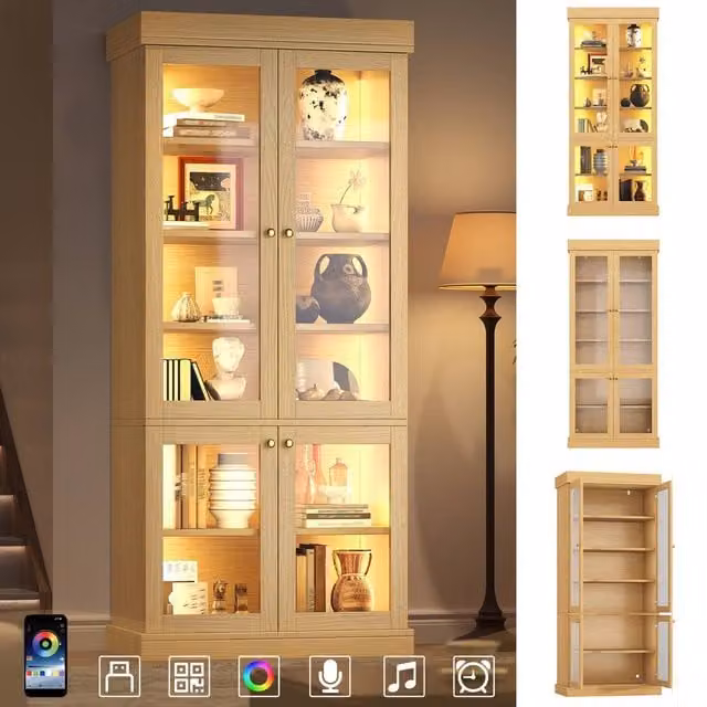Matteo Modern Freestanding Cabinet with Glass Doors and Integrated Lighting in Sand – 1