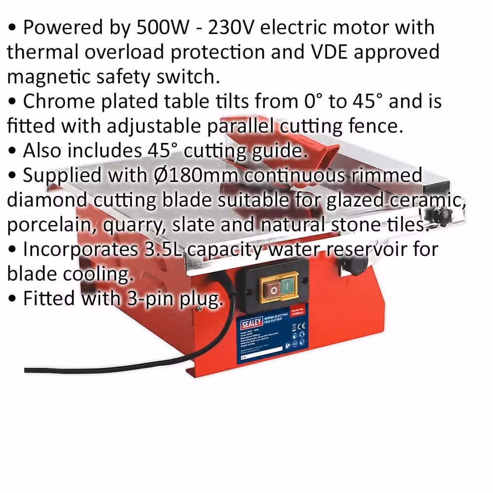 Loops 180mm Portable Tile Cutter, Red/Multicolour, 230V 500W with 0 to 45 Degree Mitre and 3.5L Water Cooling – 2