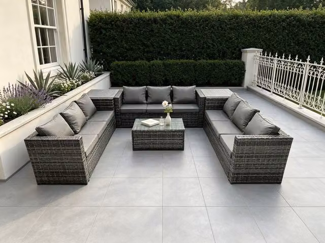 Fimous Outdoor Rattan Garden Furniture Set in Grey with 3 Seater Sofa, Coffee Table and Upholstered Cushions – 2