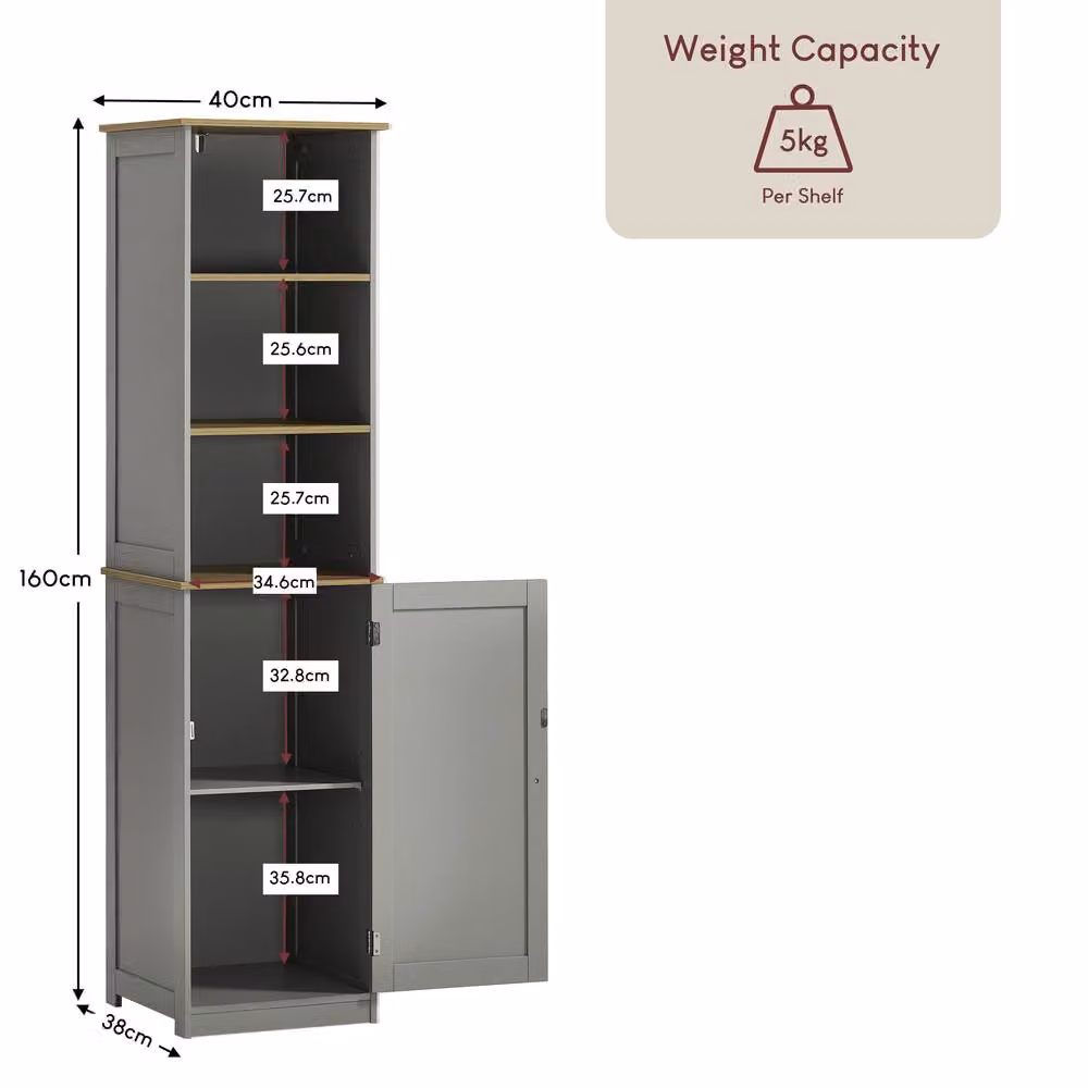 Home Discount Bath Vida Priano Grey Tall Bathroom Storage Cabinet with 3 Open Shelves and 2-Tier Door Storage, H 160 cm x W 40 cm x D 38 cm – 2