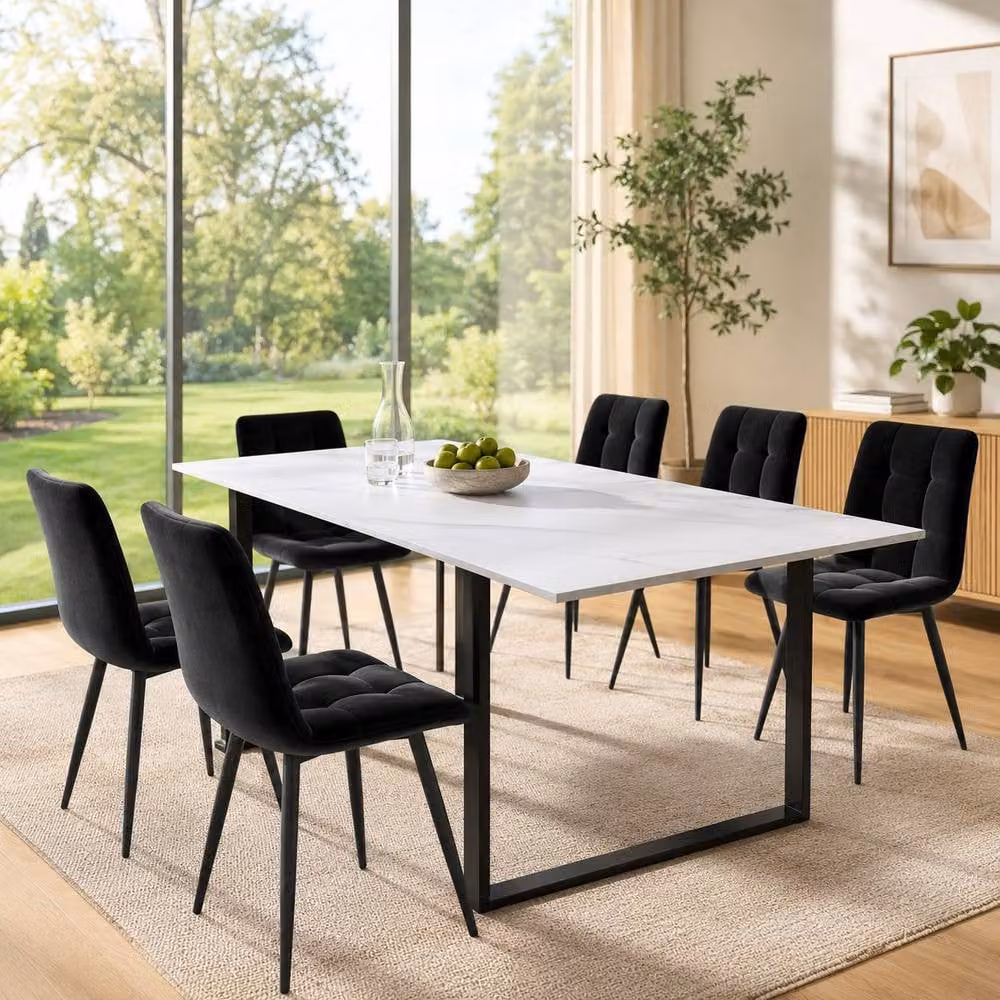 Merax Modern Extendable Rectangular Dining Table with White MDF Top and Black Metal Legs – 2