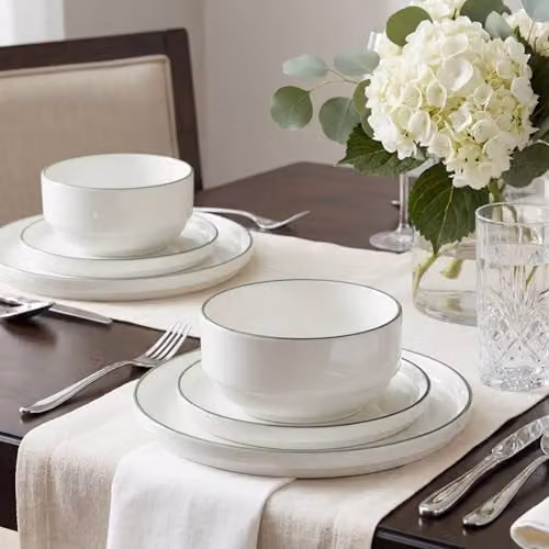 Waterside 12-Piece White and Green Rim Stacking Porcelain Dinner Set – 2