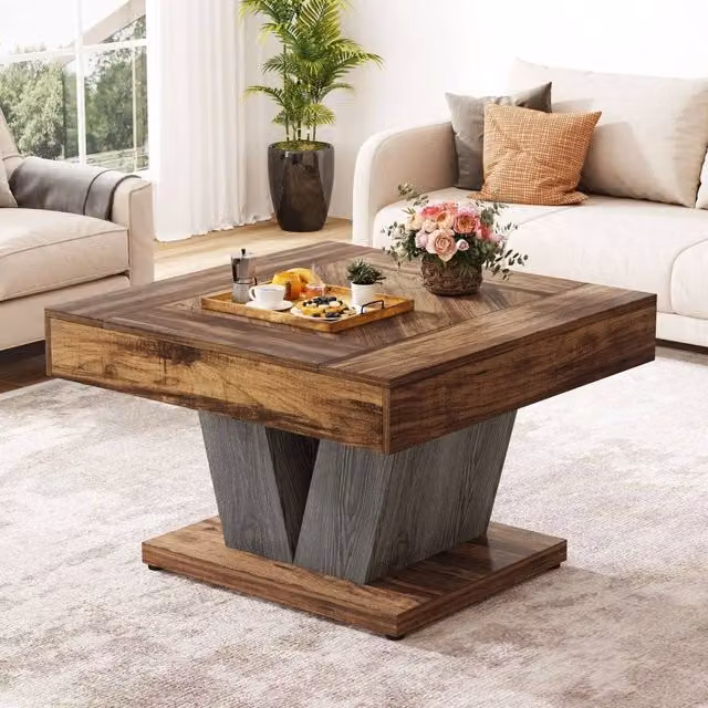 VOGREX Modern Square Wood Coffee Table in Brown, W/D: 120 x 100 cm