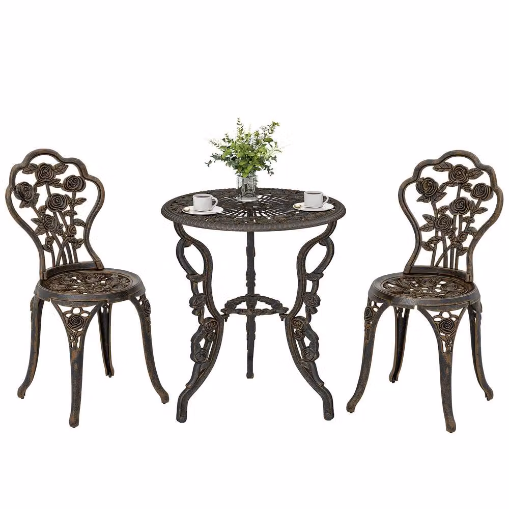 OUTSUNNY Outdoor Bistro Set with Umbrella Hole in Bronze Metallic with Floral Design – 2