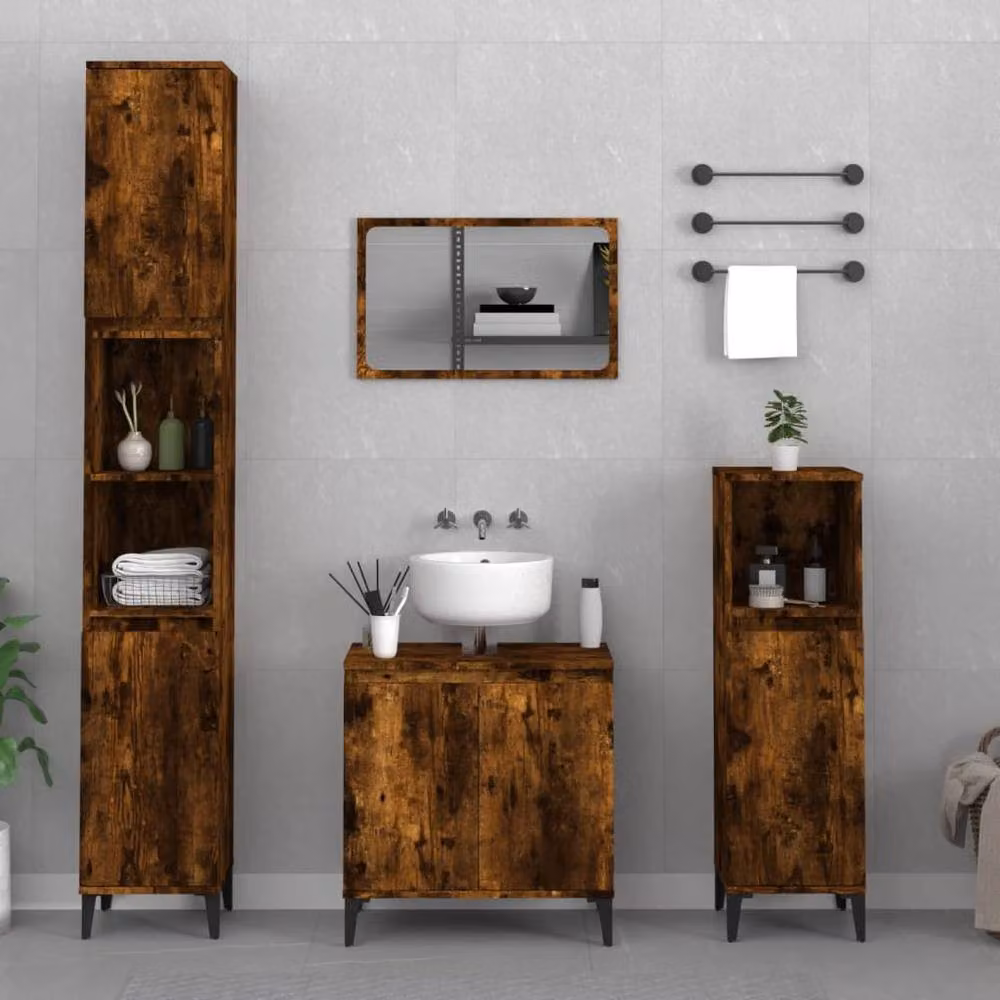 Berkfield Home Modern 3 Piece Brown Smoked Oak Bathroom Furniture Set with Vanity Unit, Tall Cabinet and Side Cabinet – 2