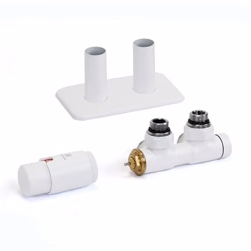 Terma Vario Twins Angled Accessory Valve Set with Thermostat and Pipe Masking, 50mm, White Matt RAL 9016, Left Sided
