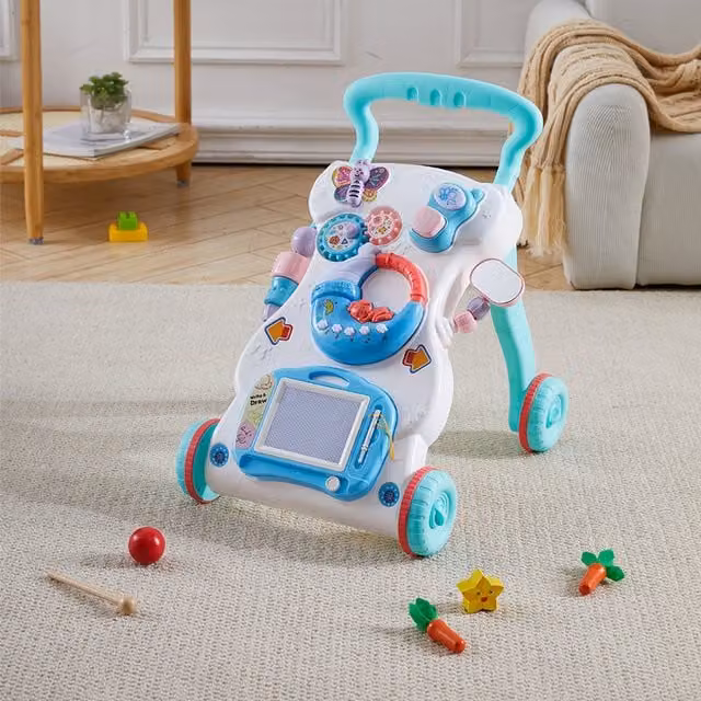 Livingandhome 2 in 1 Sit to Stand Push Along Baby Walker with Music in White and Blue
