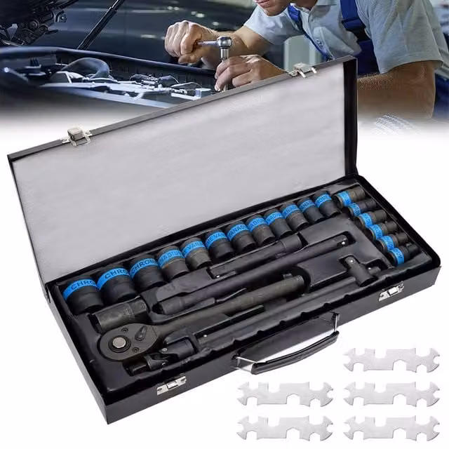 Hinsinc 1/2 inch Ratchet Wrench and Socket Set with Chrome Vanadium Steel Extension Bar and Metal Case in Black and Multicolour