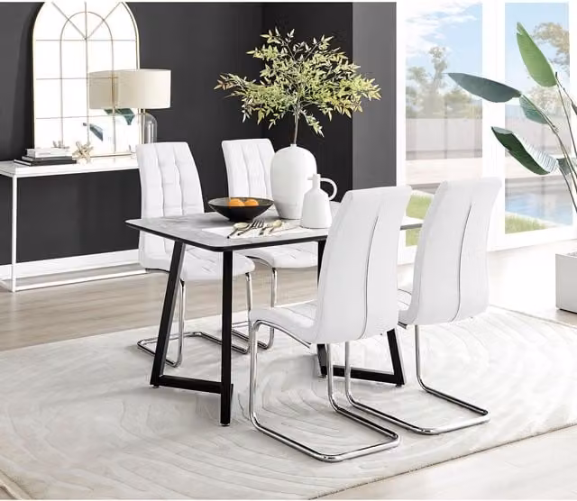 FurnitureboxUK Carson White Marble Effect Dining Table and 4 Murano Chairs in White and Black