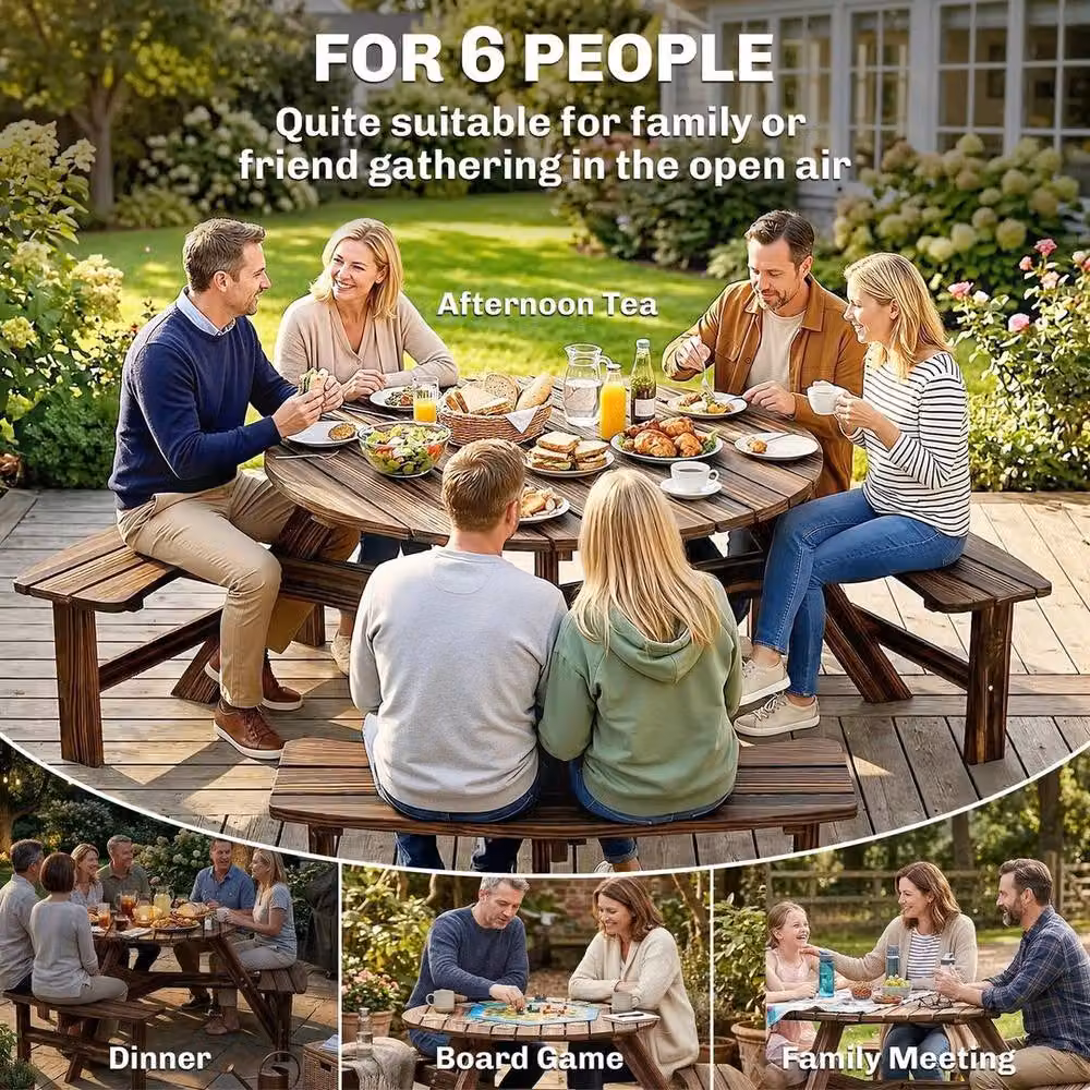 FLAVORA 6 Person Rustic Brown Treated Hardwood Garden Table and Bench Set – 4