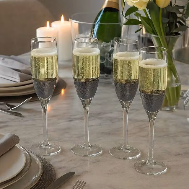 Orsina Set of 4 Geometric Champagne Flutes with Silver Rim, Transparent and Silver – 5