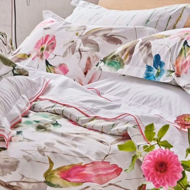 Designers Guild Japanese Magnolia Reversible Oxford Pillowcase Pair in Pink, White and Green Cotton Percale