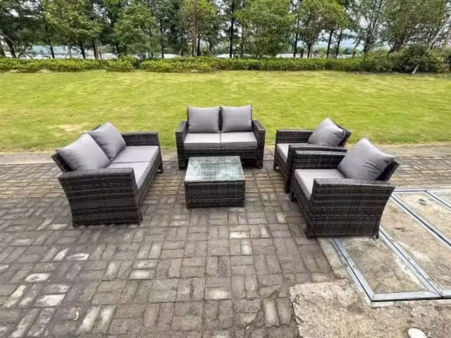 Fimous 6 Seater High Back Rattan Garden Furniture Set with Square Coffee Table and Love Seat in Dark Grey – 1