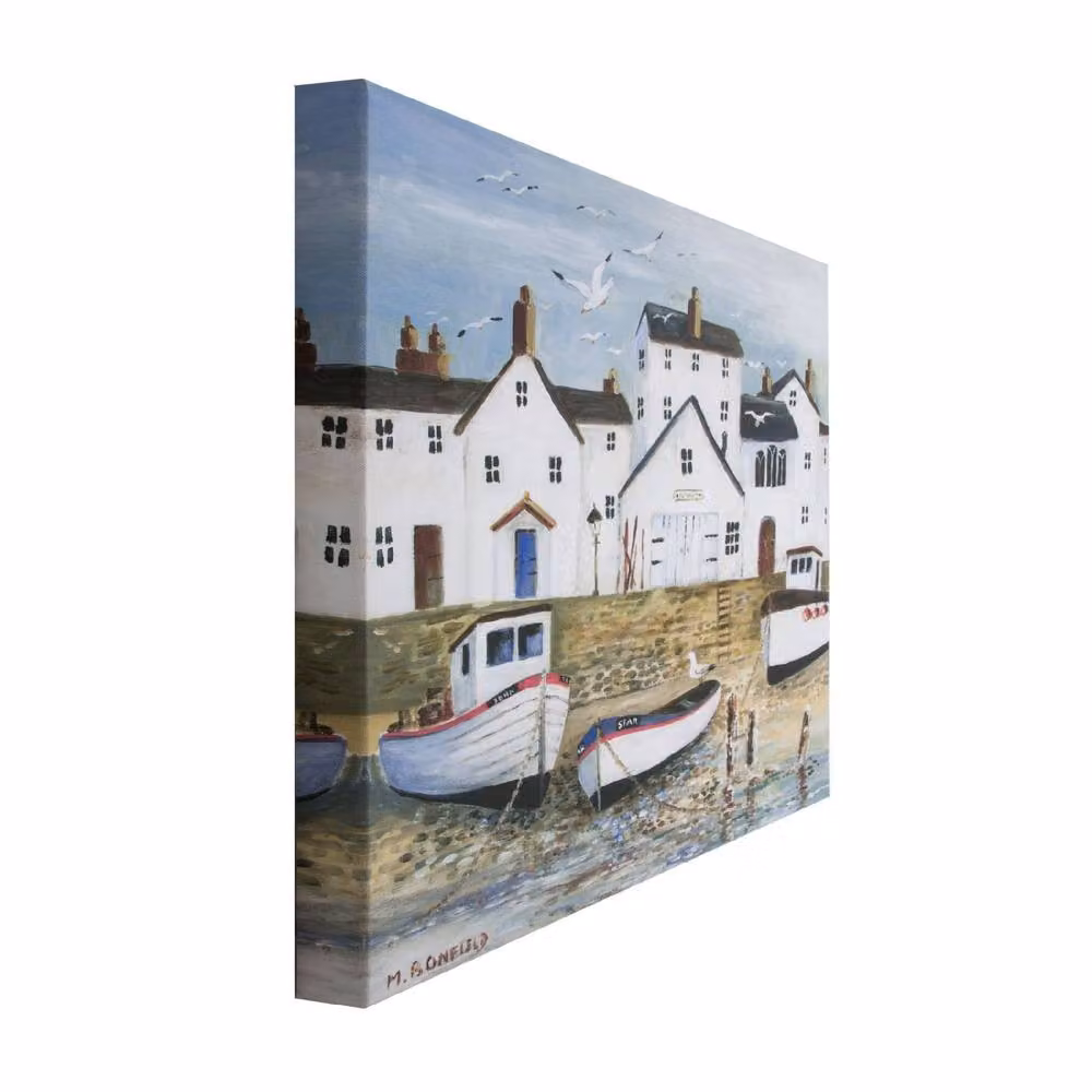 Art for the Home Harbourside Seascape Multicolour Hand Painted Effect Printed Canvas in White – 2
