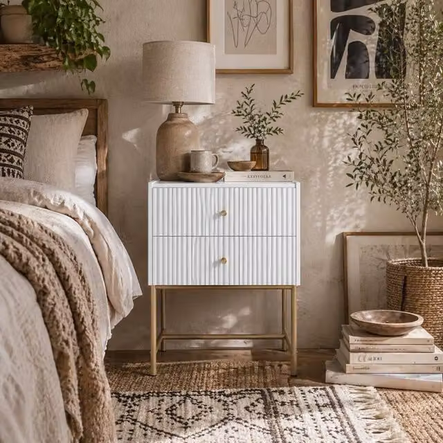Wyld Haus Lelu Rata White and Gold Ribbed 2 Drawer Bedside Table – 1