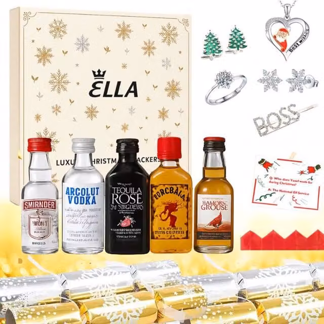 Lovii Luxury Christmas Crackers with Mini Spirits and Jewellery Surprises in Gold, Silver and Multicolour