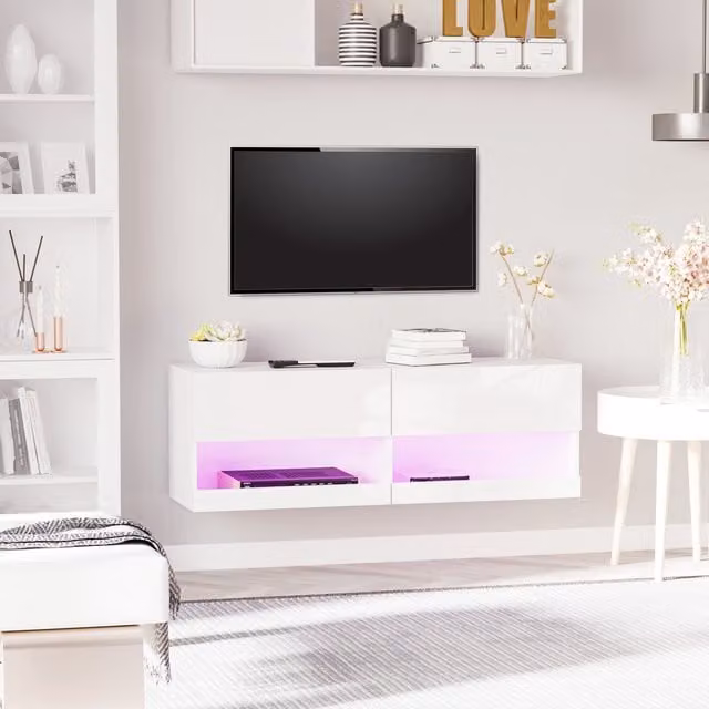 HOMCOM Modern Wall Mounted TV Stand Entertainment Center with Integrated LED Lights and Media Compartments in White