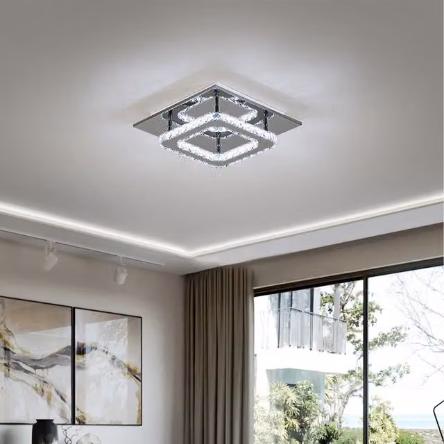 Komore Square Crystal LED Ceiling Light with Chrome Finish - Silver, 30 cm