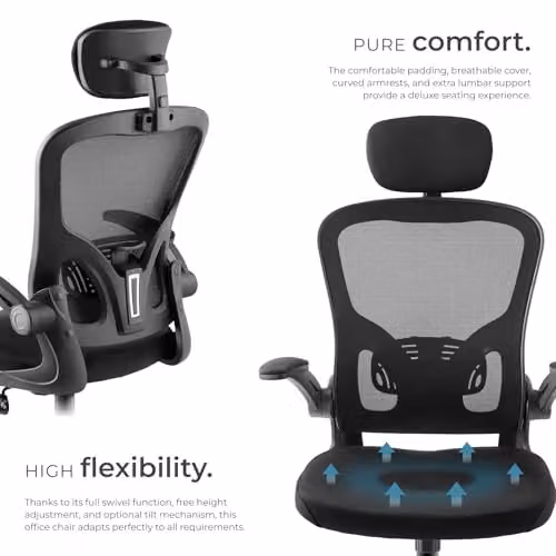tectake Ergonomic Office Chair in Black with Mesh Backrest, Headrest and 360 Degree Swivel Function – 4