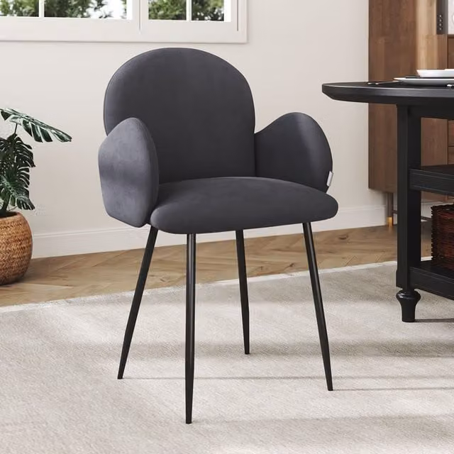 Komore Modern Grey Velvet Upholstered Dining Armchair with Armrests