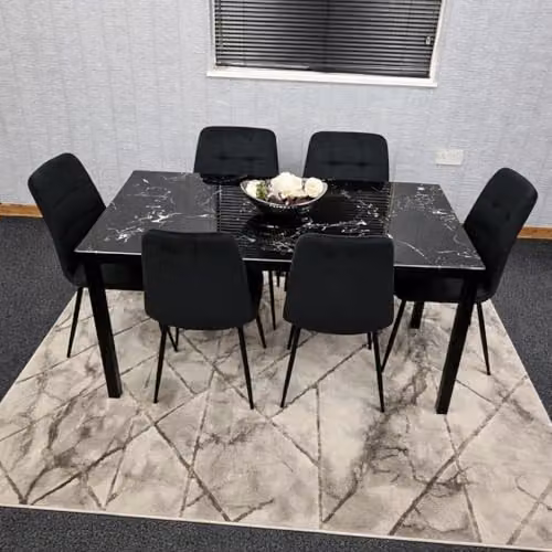 KOSY KOALA Black Marble Effect Dining Set with 6 Black Velvet Tufted Chairs