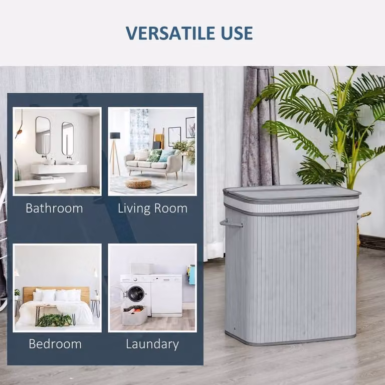 KORVIXA 100L Wooden Laundry Basket with 2 Compartments and Removable Bag, Grey, W/D/H: 100 x 100 x 100 cm