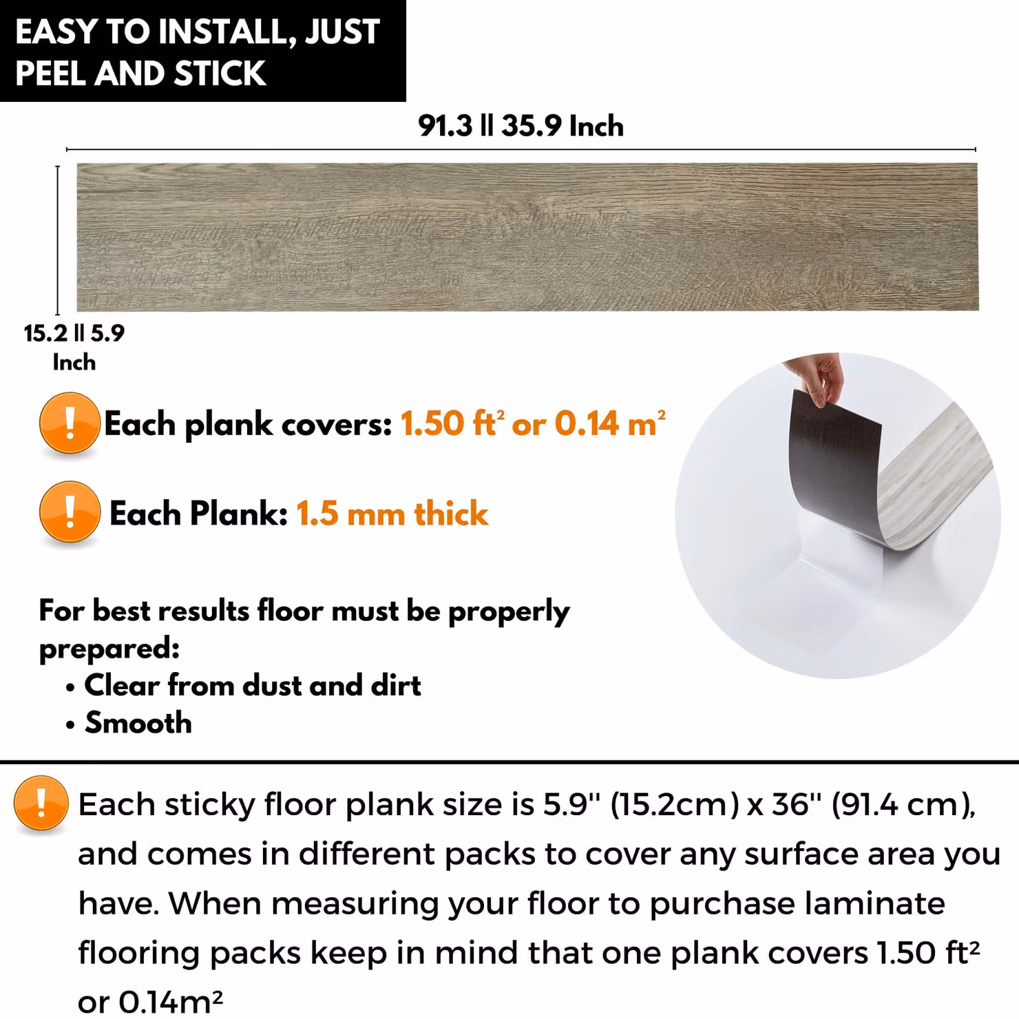 Novecrafto Self Adhesive Wood Look Vinyl Floor Planks, Brown, Pack of 7, W: 91.4 cm, H: 15.2 cm – 2