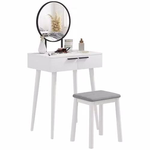 HOMCOM Modern Dressing Table with Mirror and Stool, White, W/D/H: 60 x 40 x 123 cm