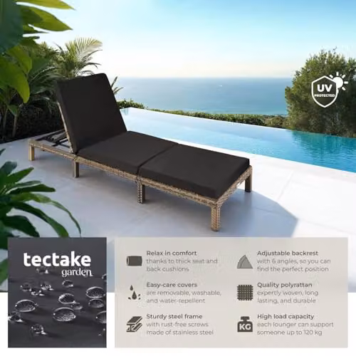 tectake Luxury Rattan Garden Sun Lounger with 6 Adjustable Backrest Positions and Comfortable Padding in Natural – 4